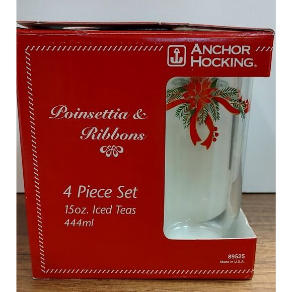 Anchor Hocking Poinsetta & Ribbons Iced Tea Drinking Glasses Set of 4 - Picture 4 of 4